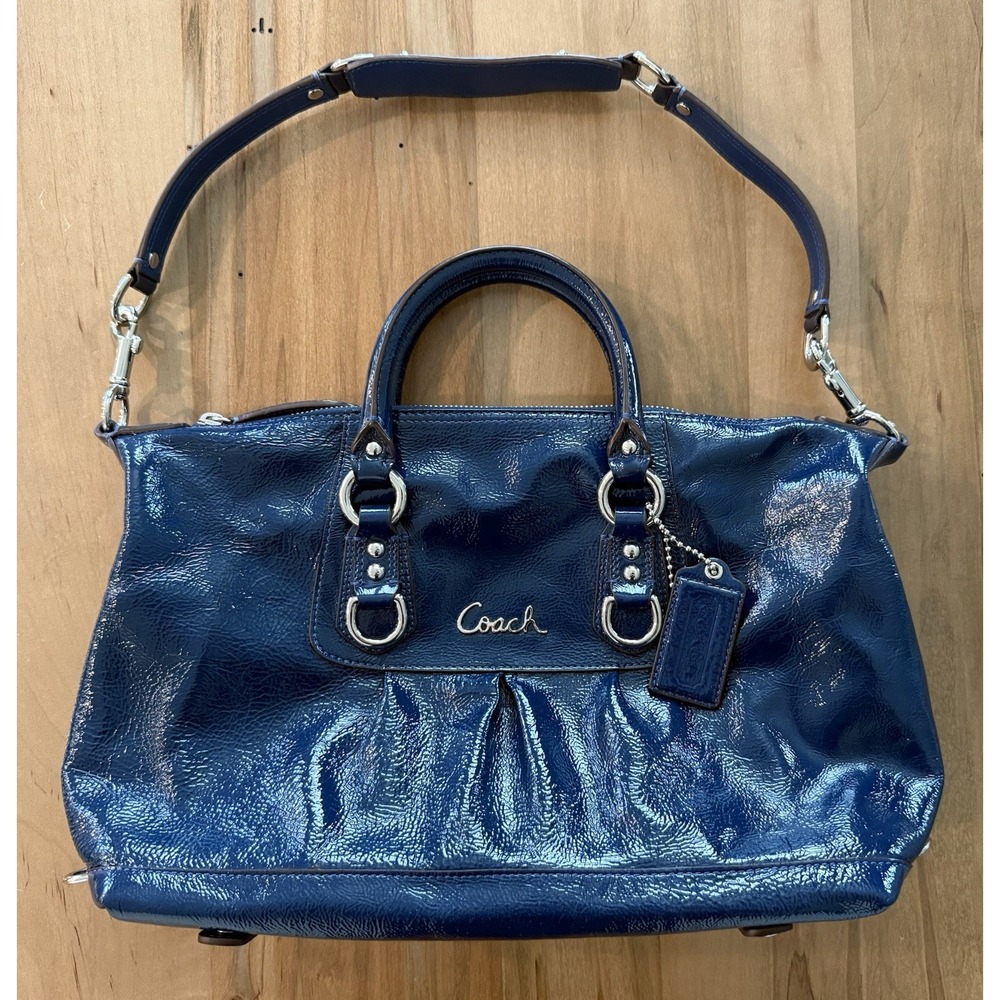 Coach Ashley Satchel Navy Blue Crinkled Patent Leather Convertible Design
